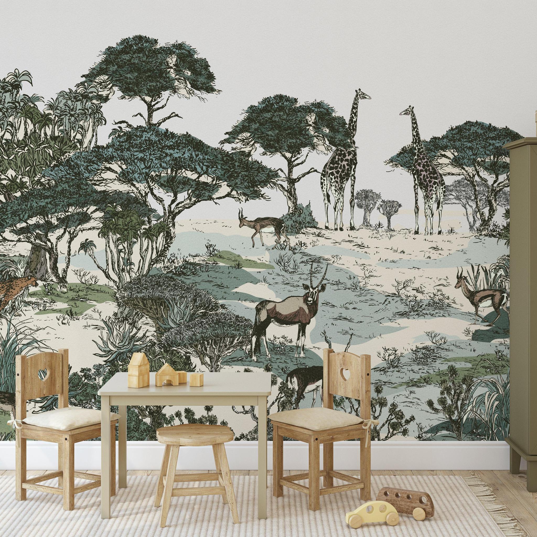 Eliza Wallpaper from Wall Blush SG02 featuring safari theme in a stylish children's room, with focus on the vibrant wall design.