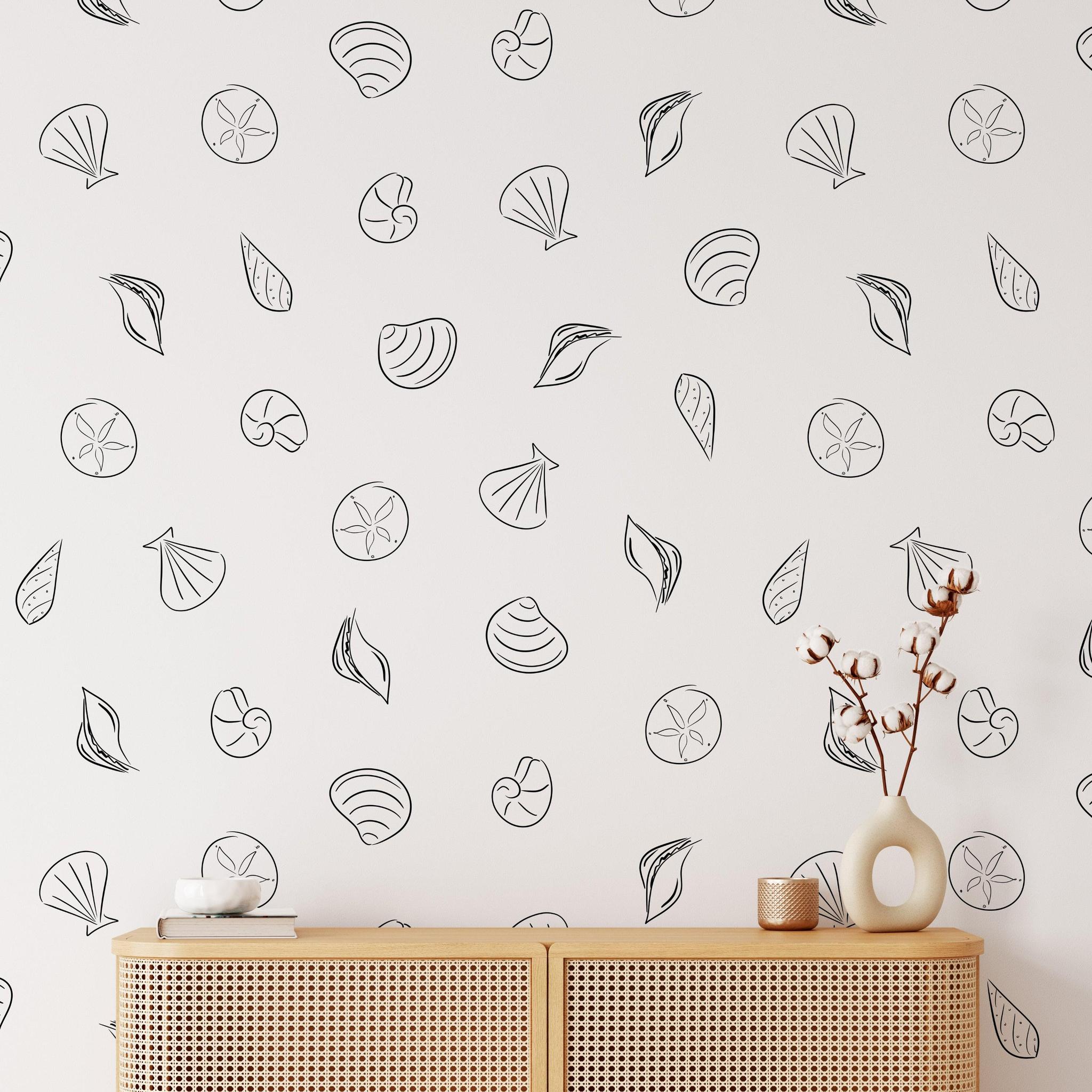 Seashore Wallpaper by Wall Blush SG02 in stylish living room with chic wooden sideboard.