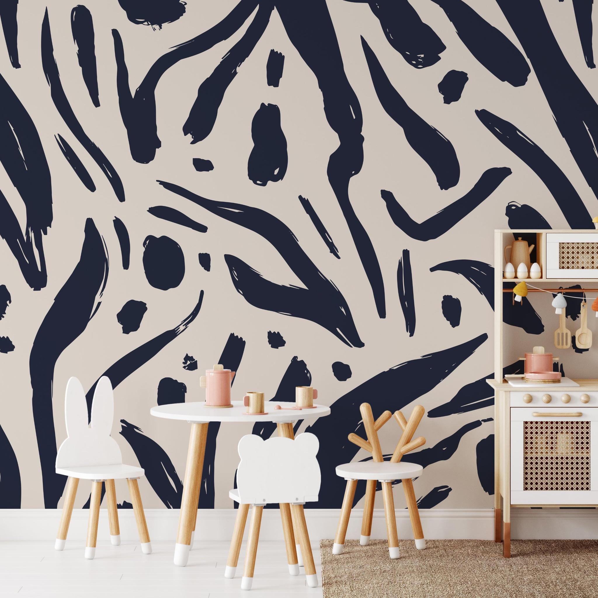 Children's room decorated with Signe Wallpaper by Wall Blush SG02, featuring bold patterns and playful furniture.