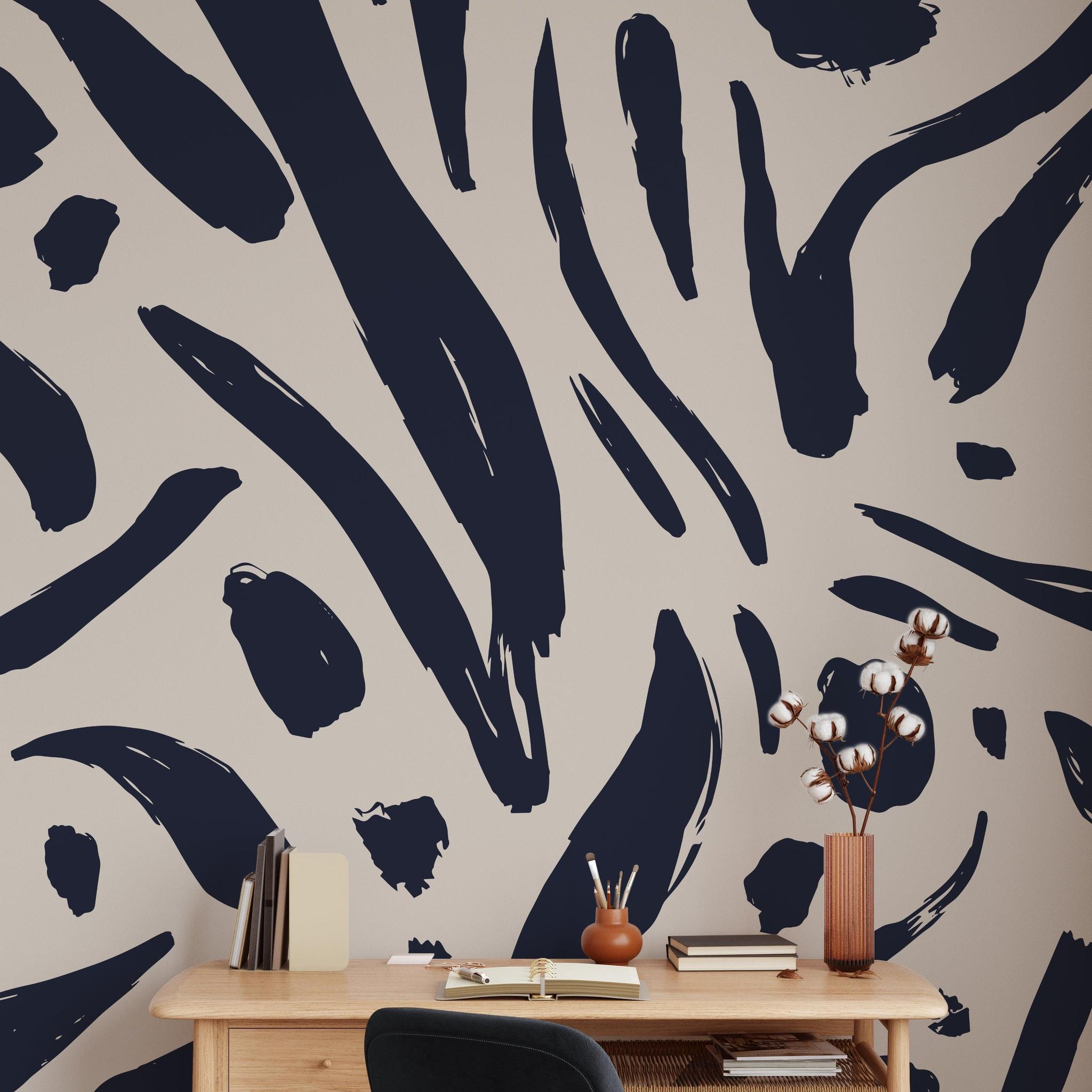 Modern home office with Wall Blush SG02 Signe Wallpaper featuring abstract navy brush strokes.