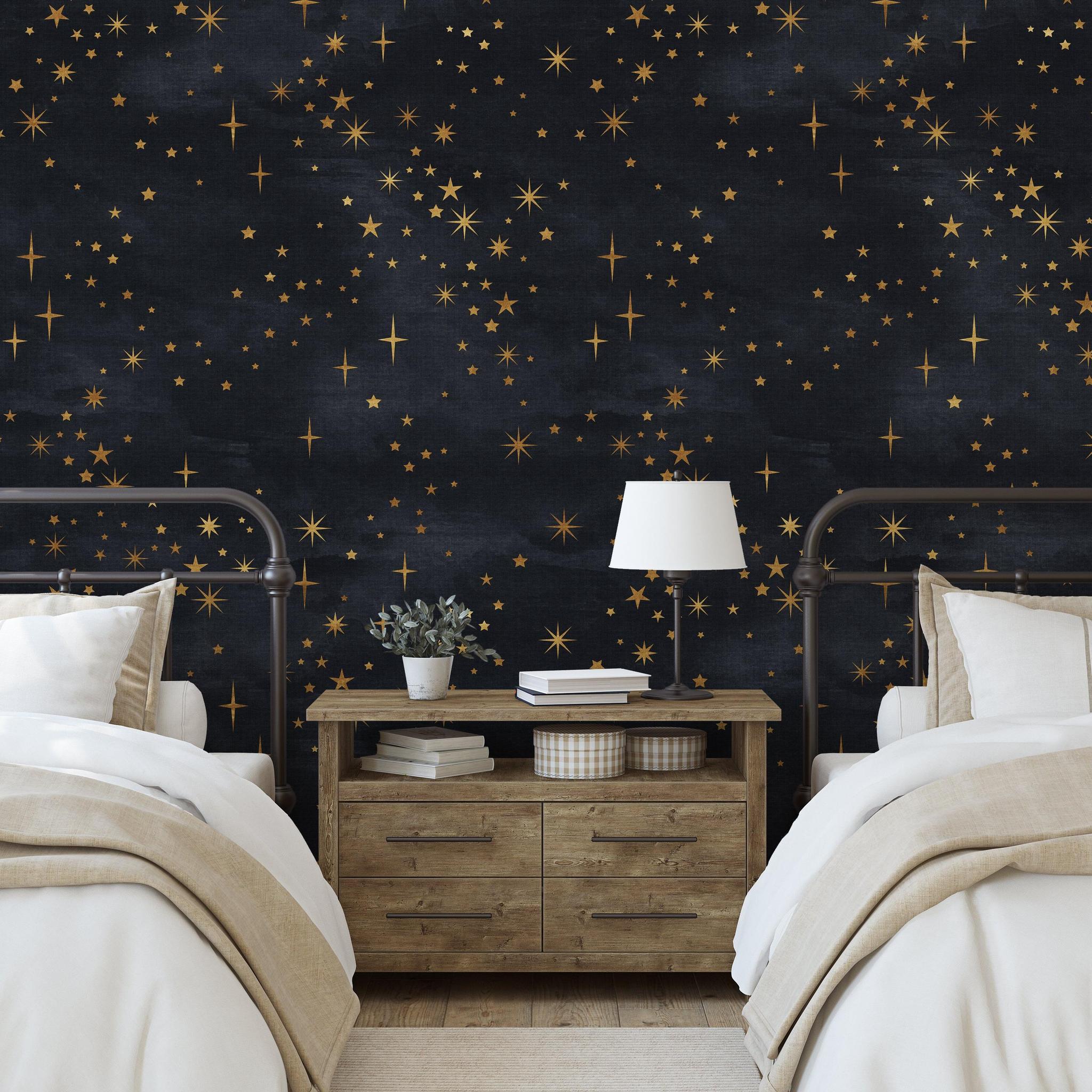 Le Petit Wallpaper by Wall Blush SG02 in a stylish bedroom with star-patterned focus wall