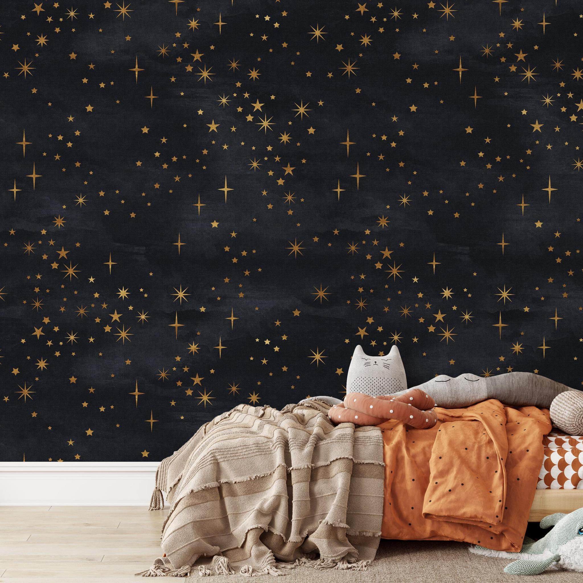 Le Petit Wallpaper by Wall Blush SG02 in a cozy children's room, highlighting the starry design focus.