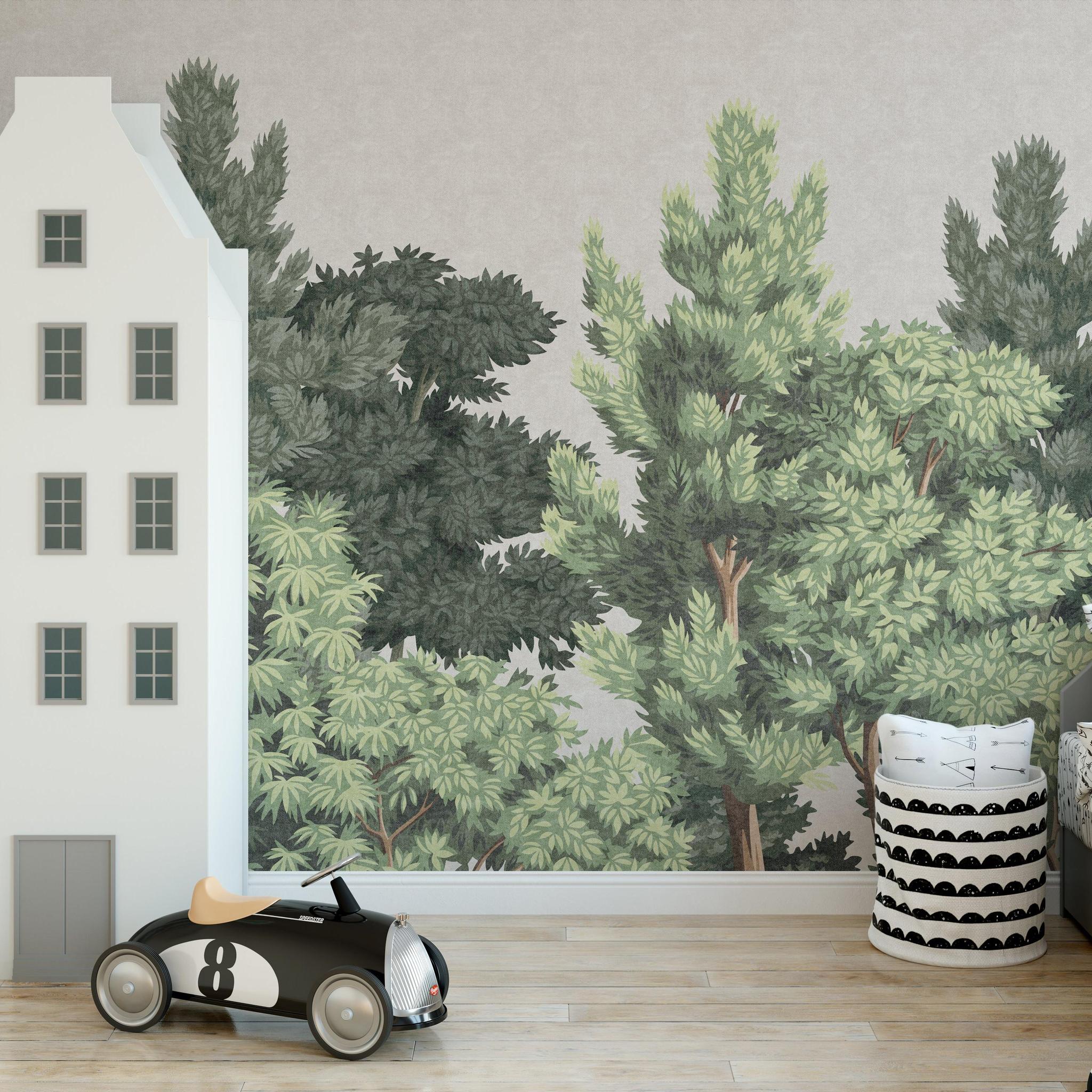 Central Park Wallpaper by Wall Blush SG02 adorns a stylish children's bedroom, emphasizing the scenic nature pattern.