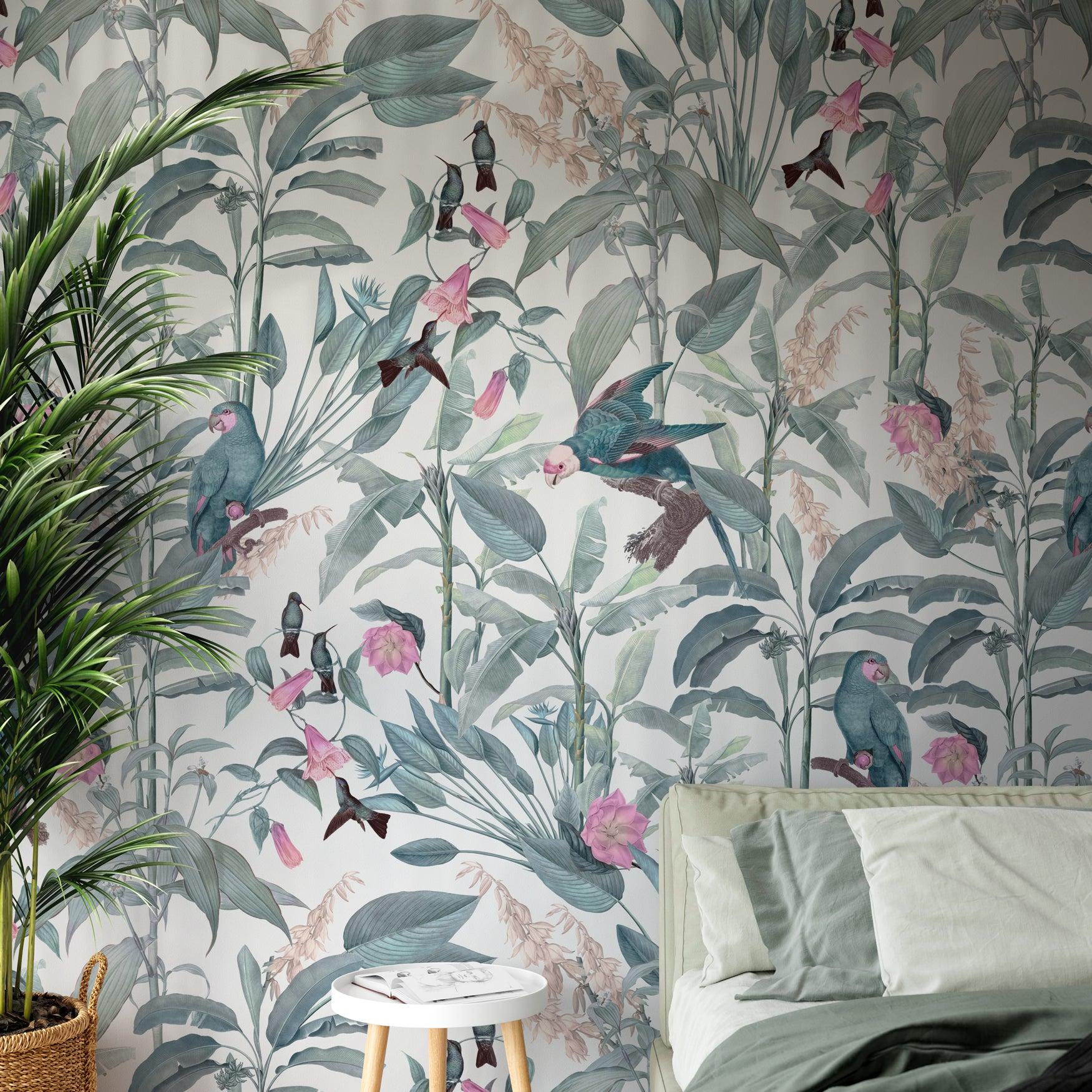 Tropics Wallpaper by Wall Blush SG02 enhances the bedroom ambiance with vibrant, tropical patterns.