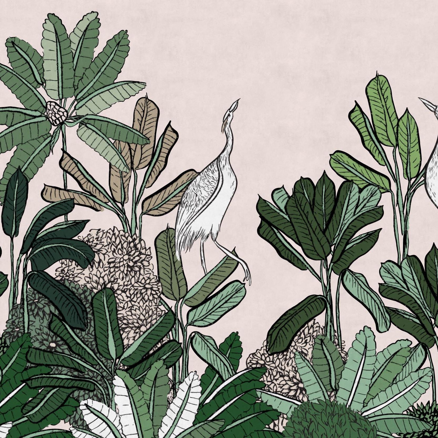 Ardea Wallpaper by Wall Blush SG02 featuring tropical botanical design in a stylish living room setting.