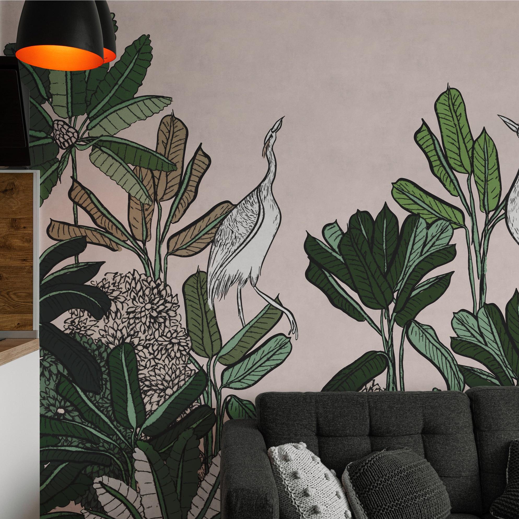 Ardea Wallpaper by Wall Blush SG02 featured in modern living room, highlighting nature-inspired design.