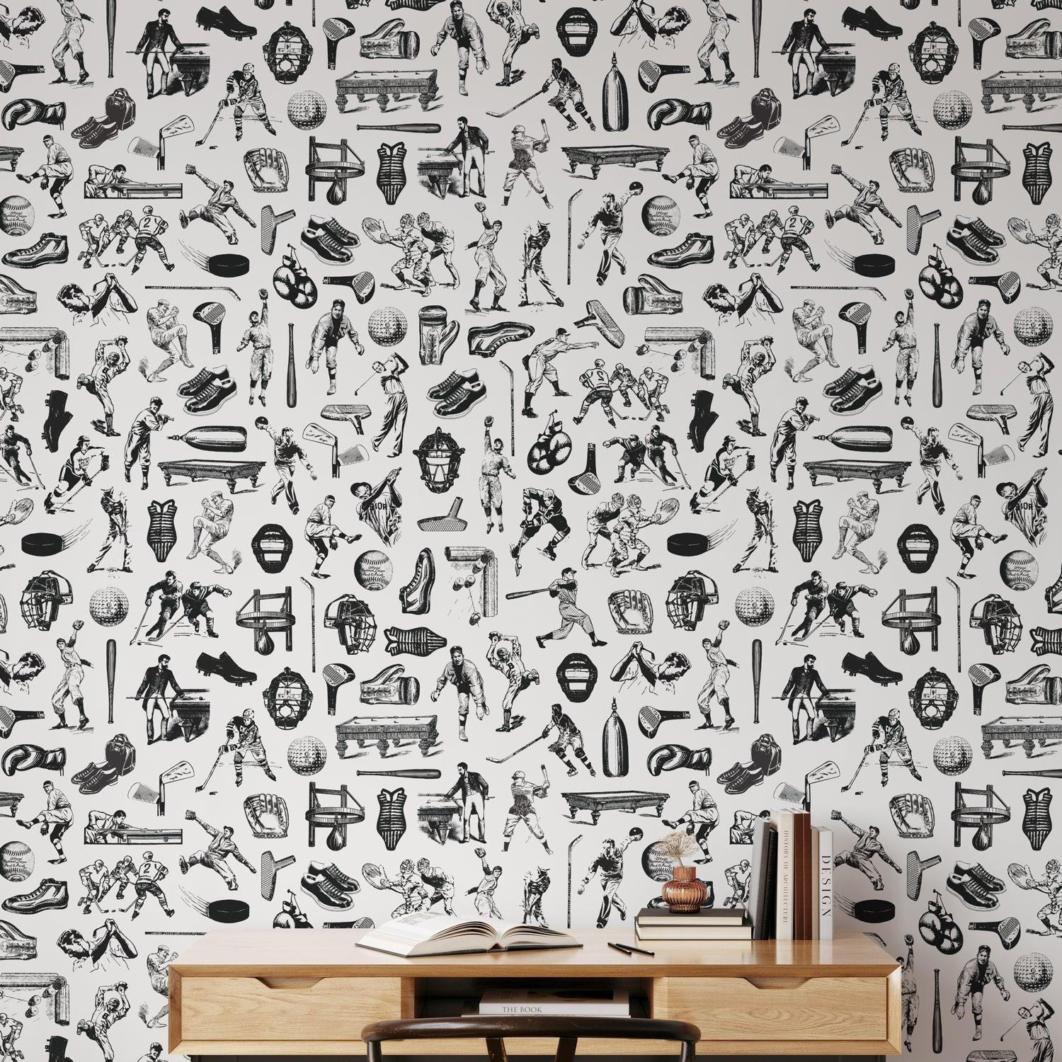Letterman Black Wallpaper by Wall Blush SG02 in a modern home office, highlighting detailed wall decor.