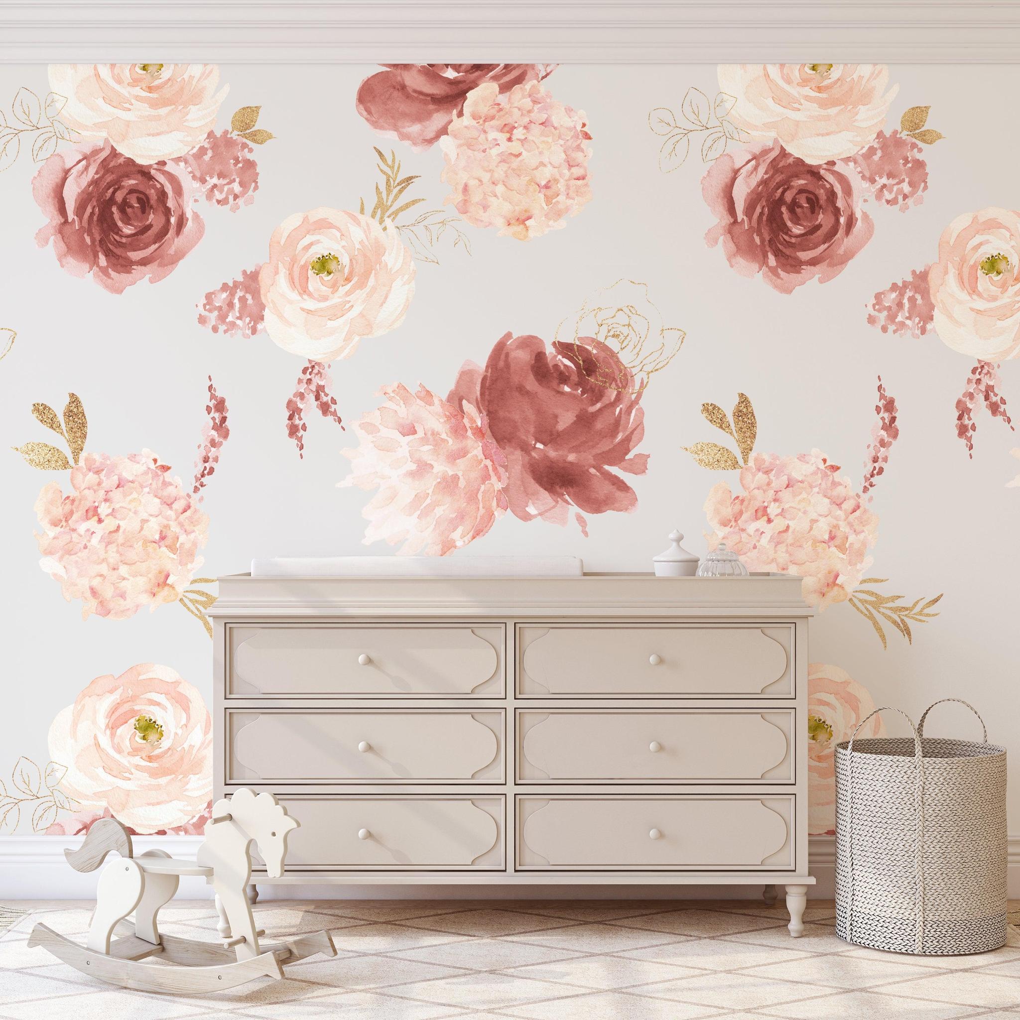 Vogue Wallpaper from The Clements Crew Line enhancing a nursery with elegant floral design.