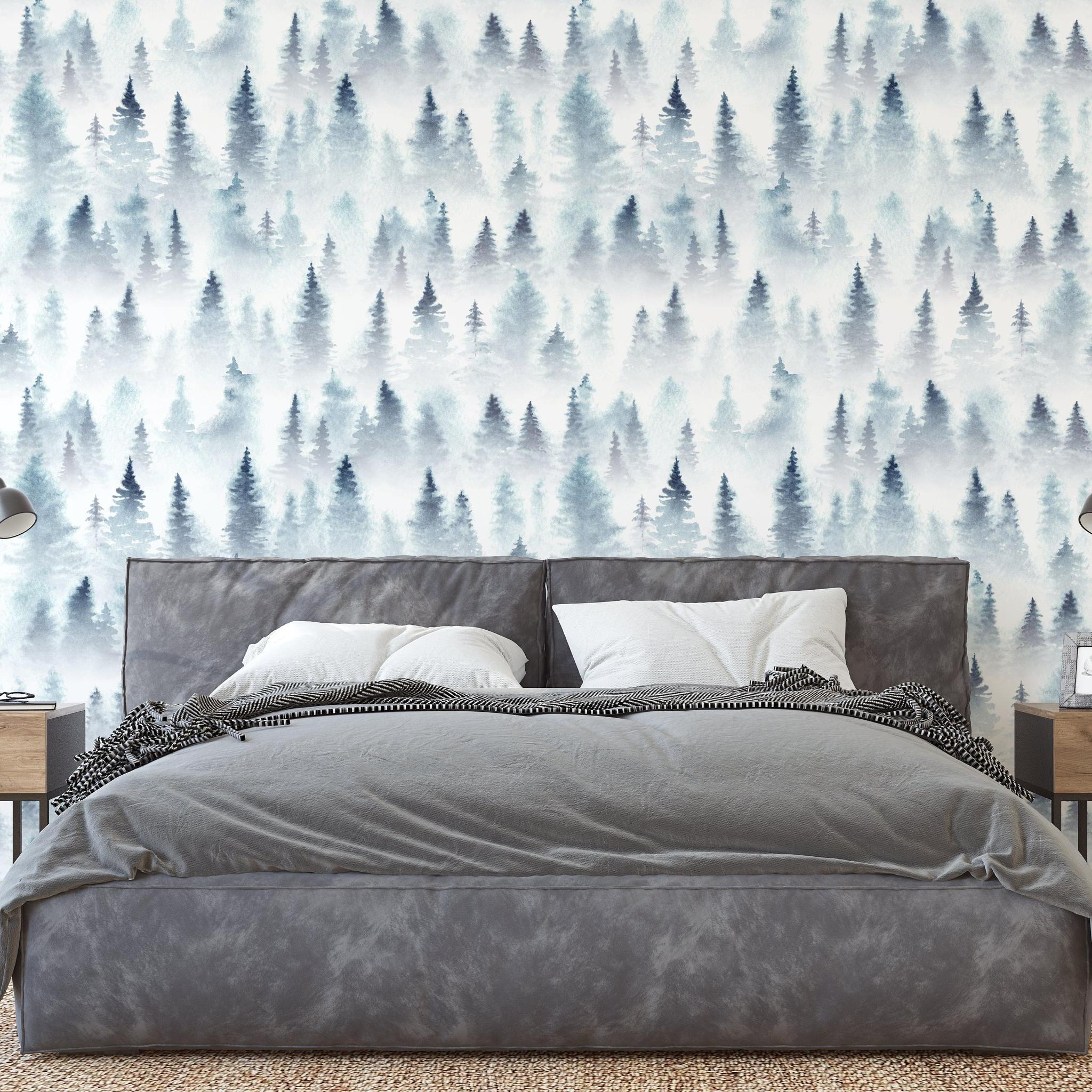 Wanderer Wallpaper by Wall Blush in cozy bedroom setting with forest pattern focus