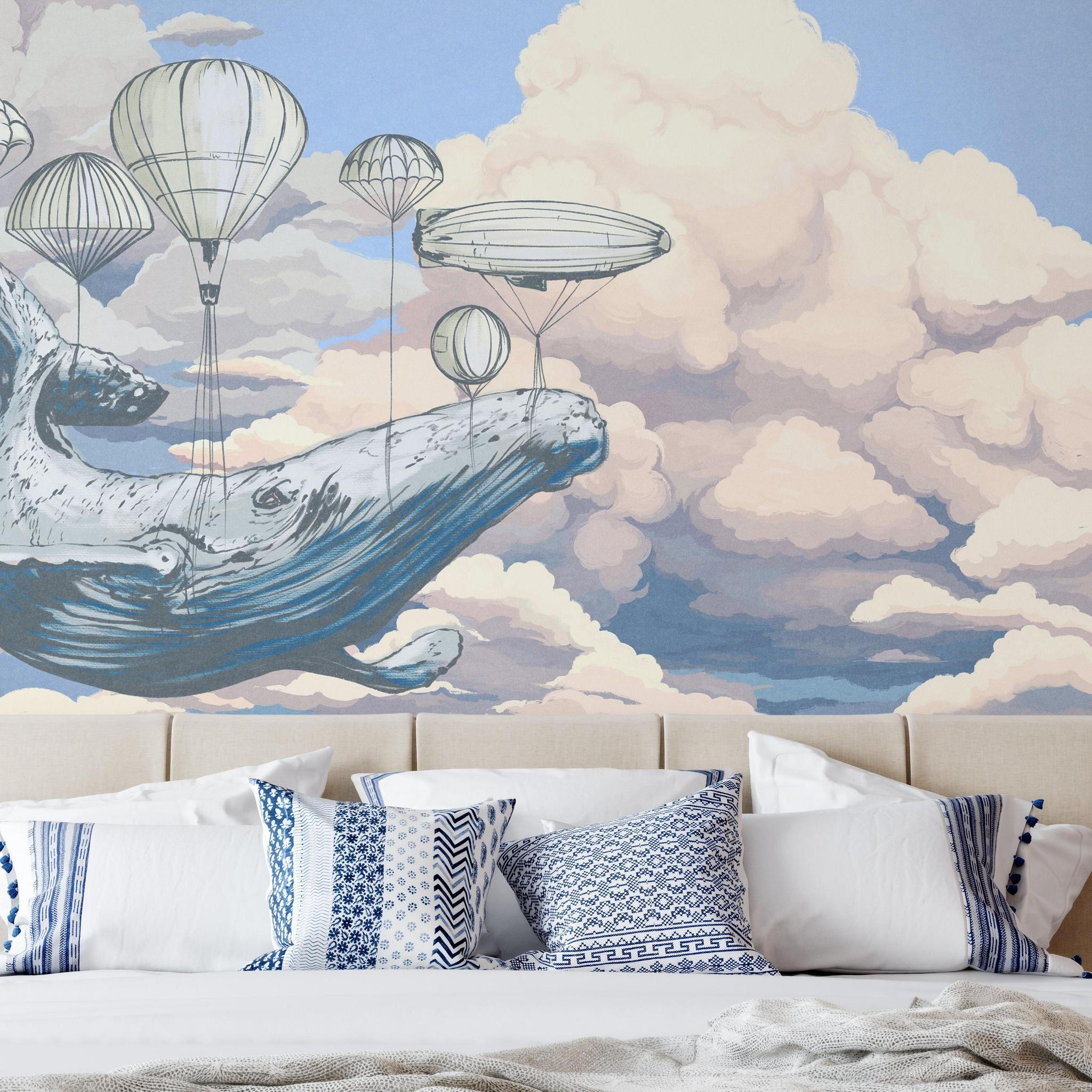 Moby's Dream Wallpaper by Wall Blush SG02, artistic whale and clouds design in cozy bedroom setting.
