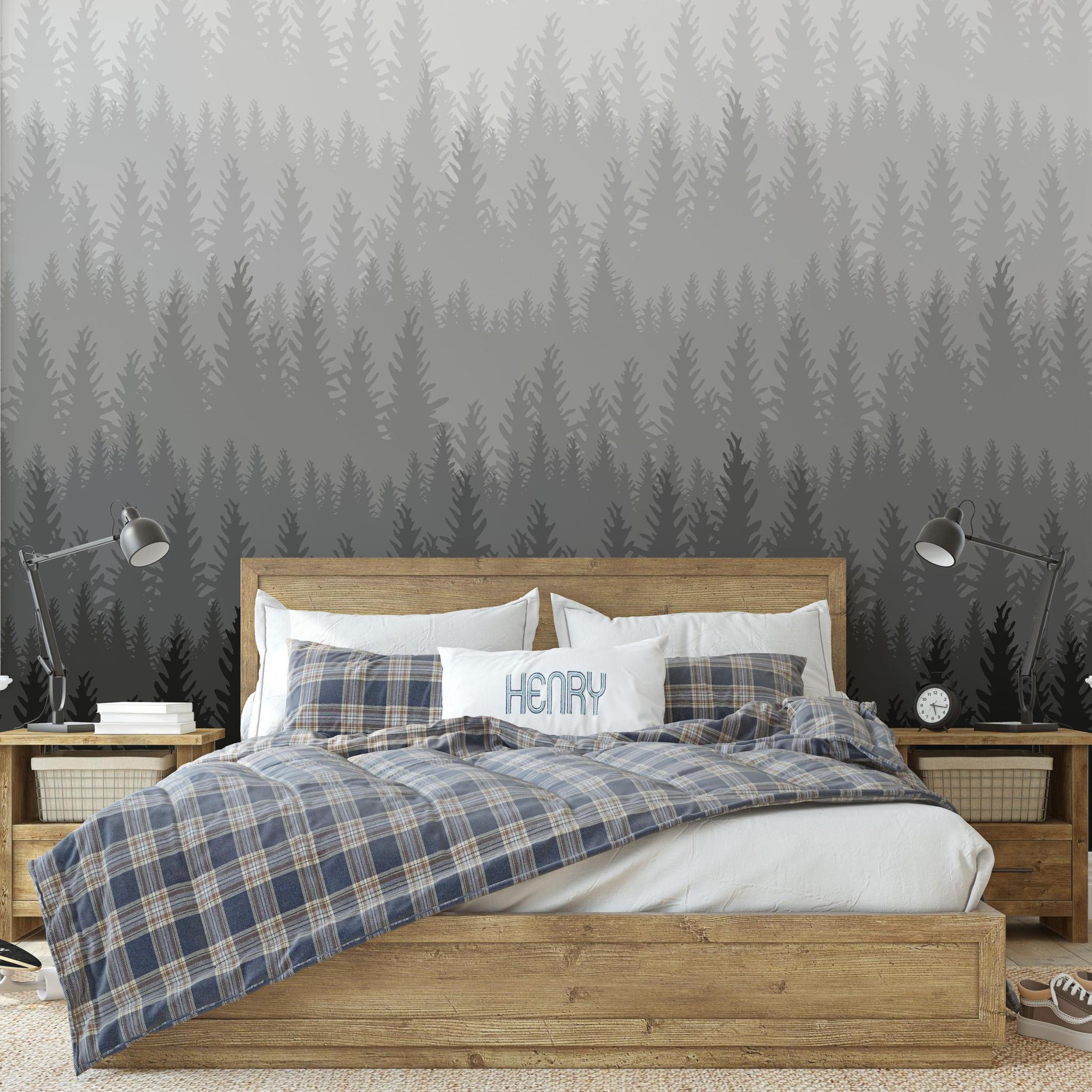 Woods Wallpaper by Wall Blush in cozy bedroom, highlighting elegant tree pattern design focus.