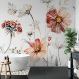 "Wall Blush's Wildflower Dreams Wallpaper in white adorning a modern bathroom, focusing on the elegant floral design."
