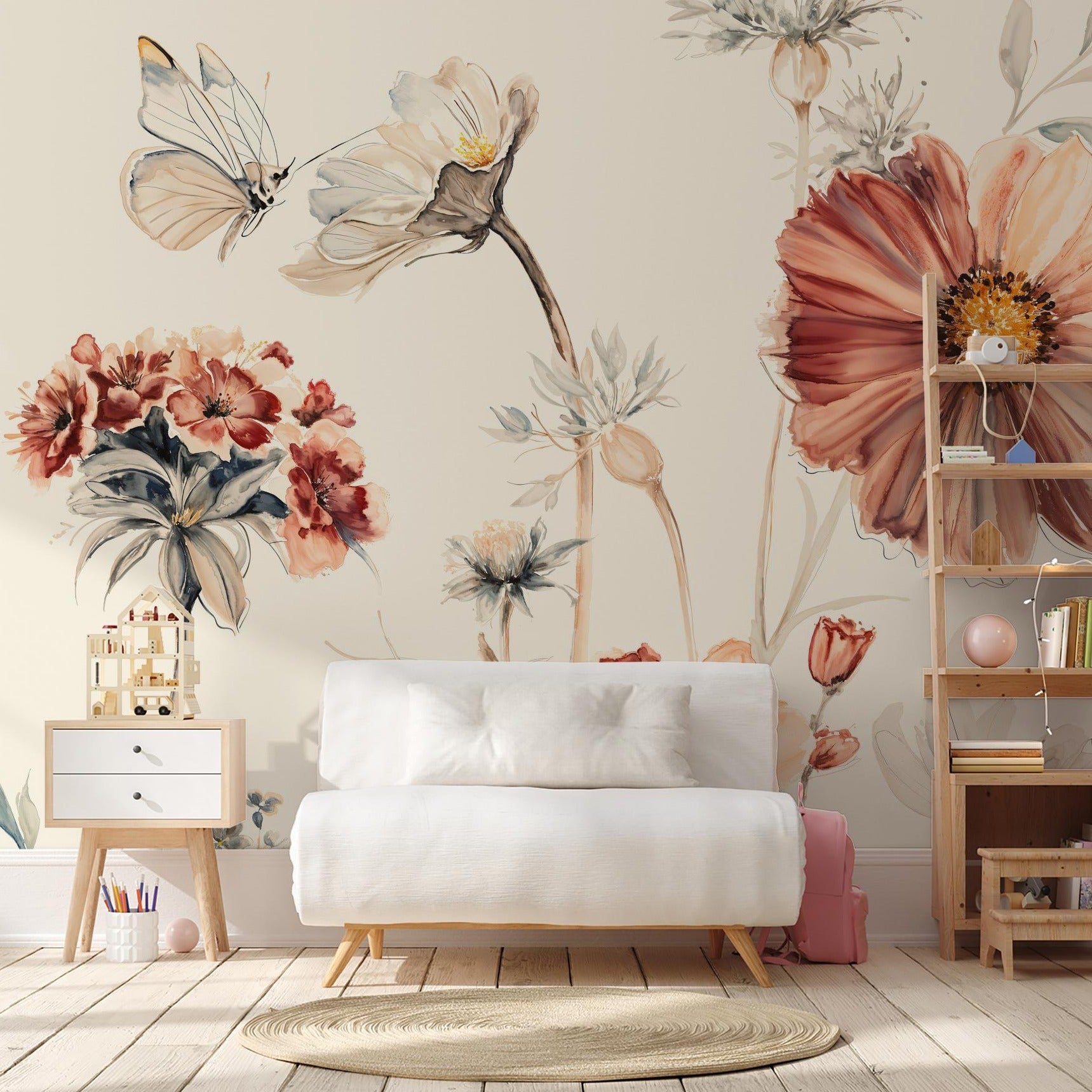 "Wall Blush's Wildflower Dreams Wallpaper adorns a cozy cream living room, highlighting a floral aesthetic focus."