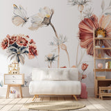 "Wall Blush Wildflower Dreams Wallpaper in White adorning walls of a cozy, well-decorated living room."