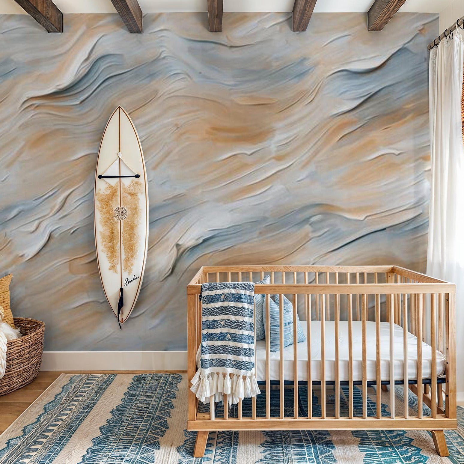 "Coastal Drift Wallpaper by Wall Blush in a stylish nursery with surfboard and wooden crib focus."