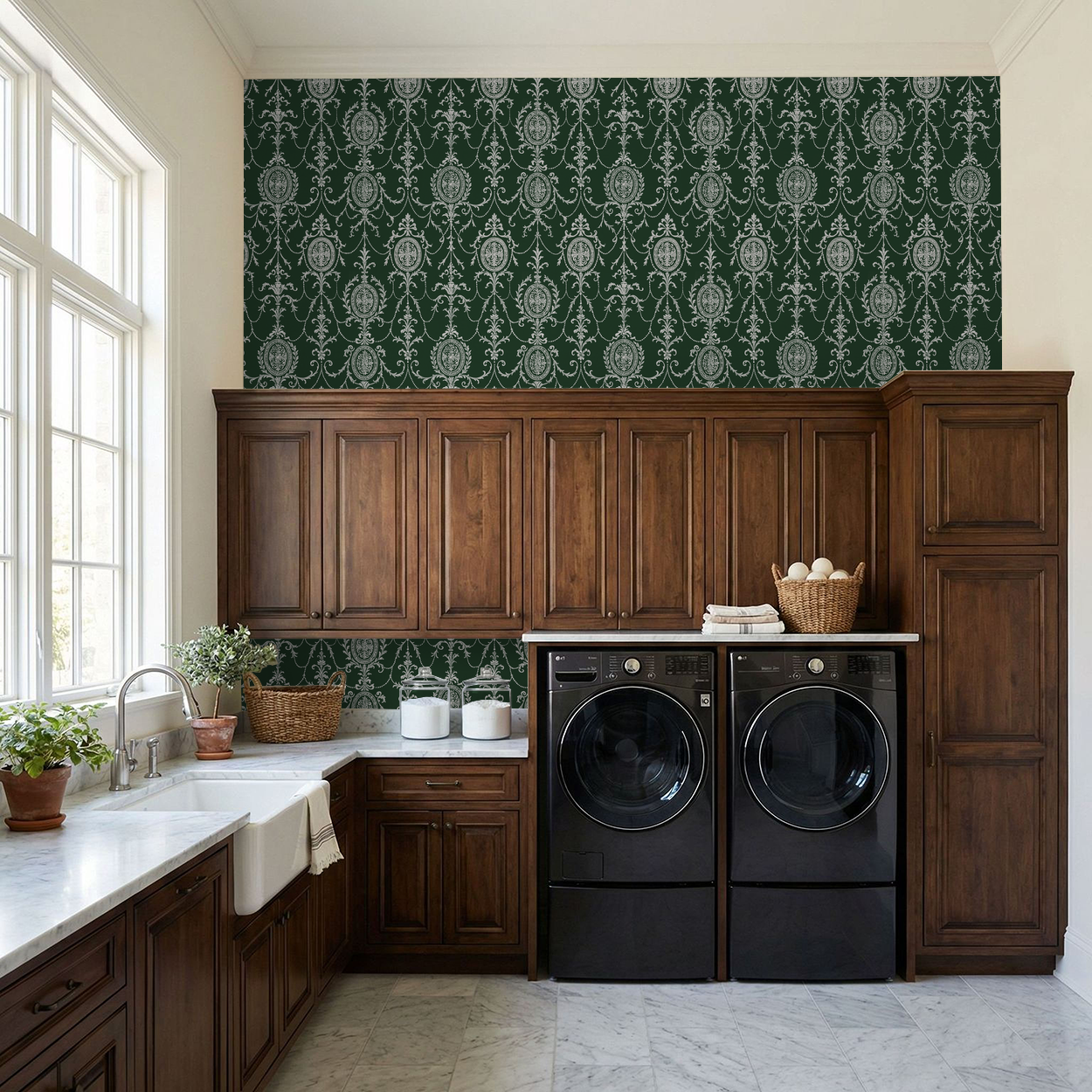 State Room Scroll (Green) Wallpaper