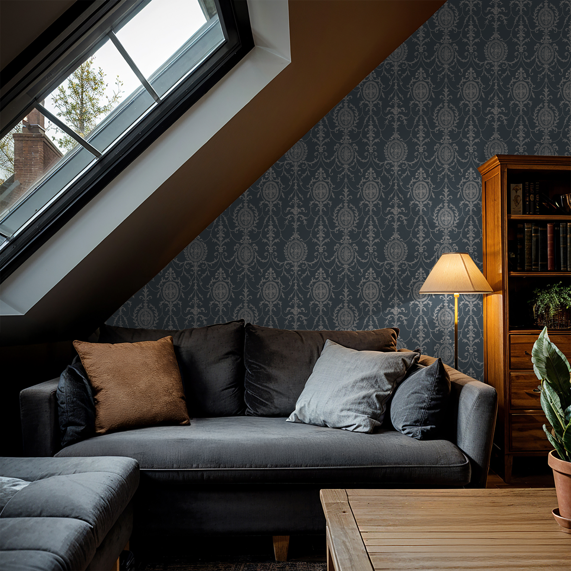 State Room Scroll (Blue) Wallpaper