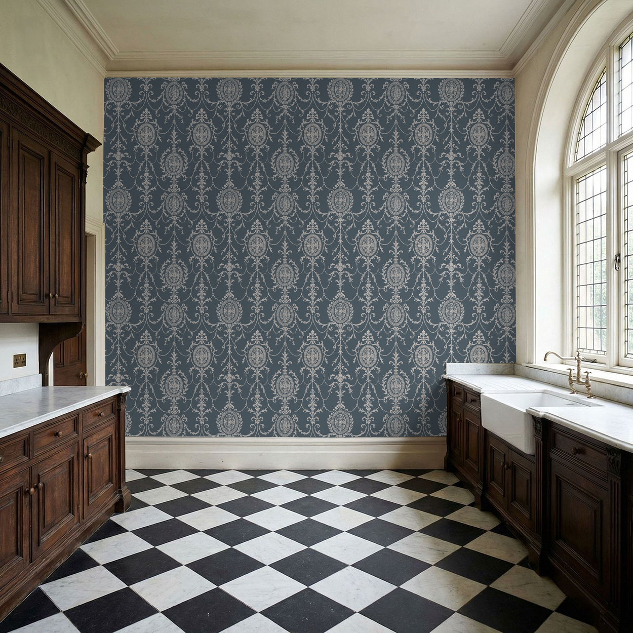 State Room Scroll (Blue) Wallpaper