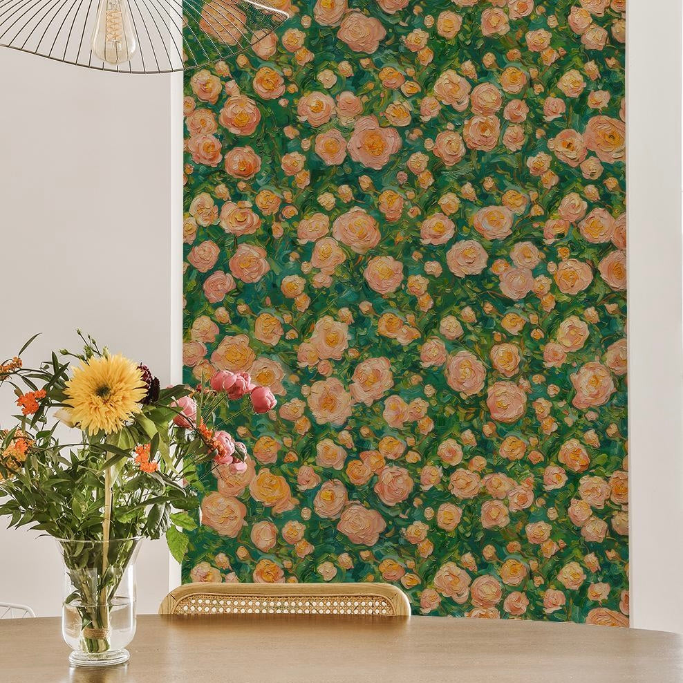 "Wall Blush's Spring Serenade Wallpaper featuring a floral design in a stylish living room setting."