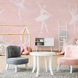 Alt: "Wall Blush Pirouette (Pattern Edition) Wallpaper in cozy kids' room with pink ballet decor theme, stylish and inviting."