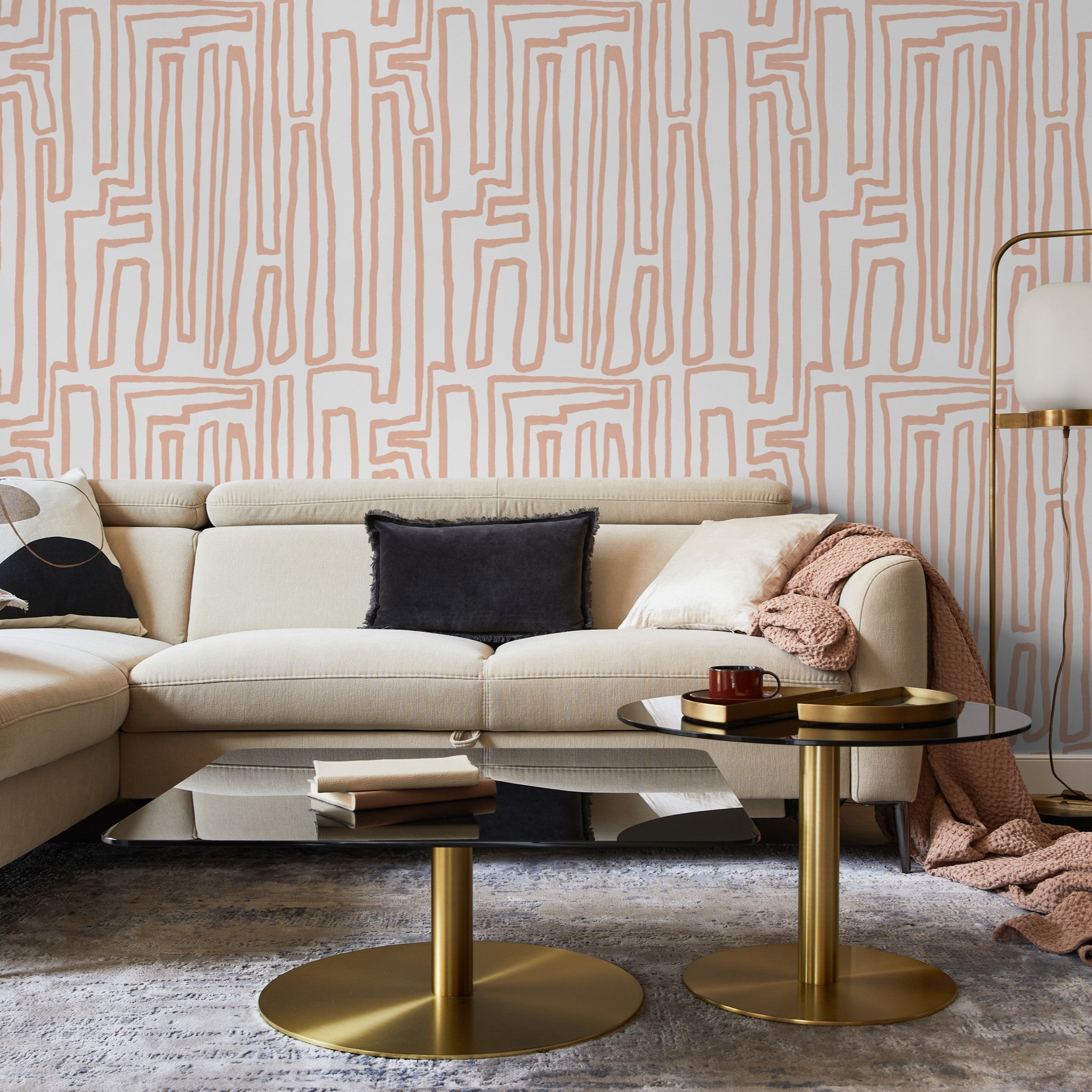 "IDK Wallpaper by Wall Blush in a stylish living room, showcasing the intricate pattern as the main backdrop."