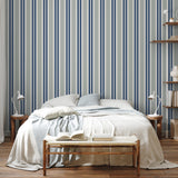 "Crue Wallpaper by Wall Blush in a cozy bedroom, with stylish striped design enhancing the calm ambiance."