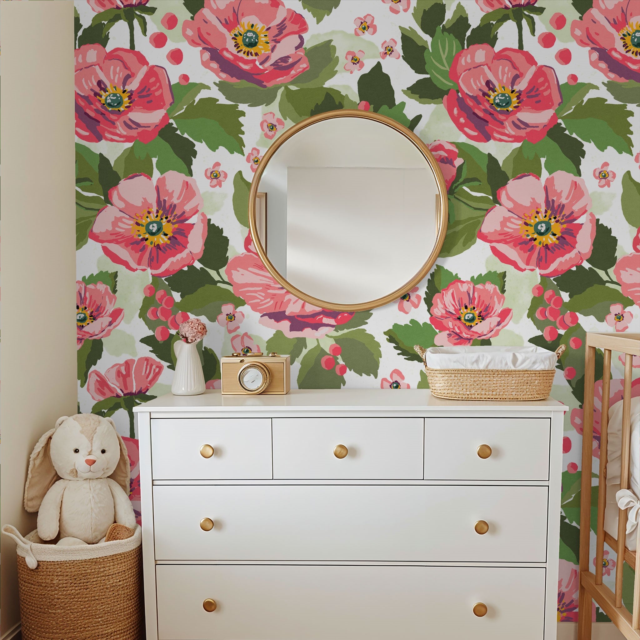 "Wall Blush Anemones Wallpaper featuring vibrant floral pattern in a stylish nursery room, focus on wall decor."