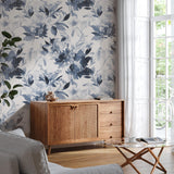 "Wall Blush 'Wild Blues Wallpaper' adorning living room walls with elegant floral patterns, focus on home decor."