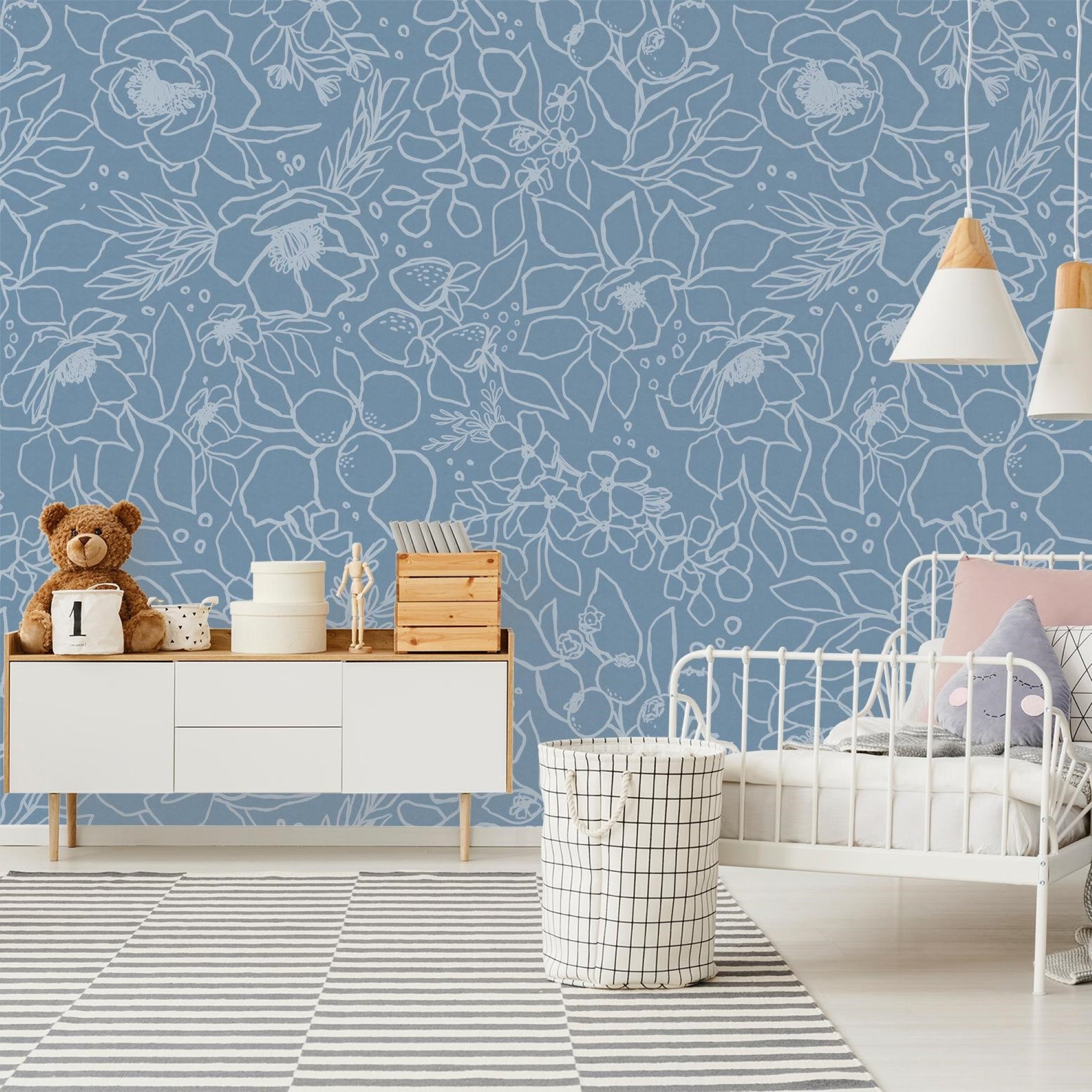 "Wall Blush's Paige (Blue) Wallpaper in a stylish children's room, showcasing vibrant wall decor focus"