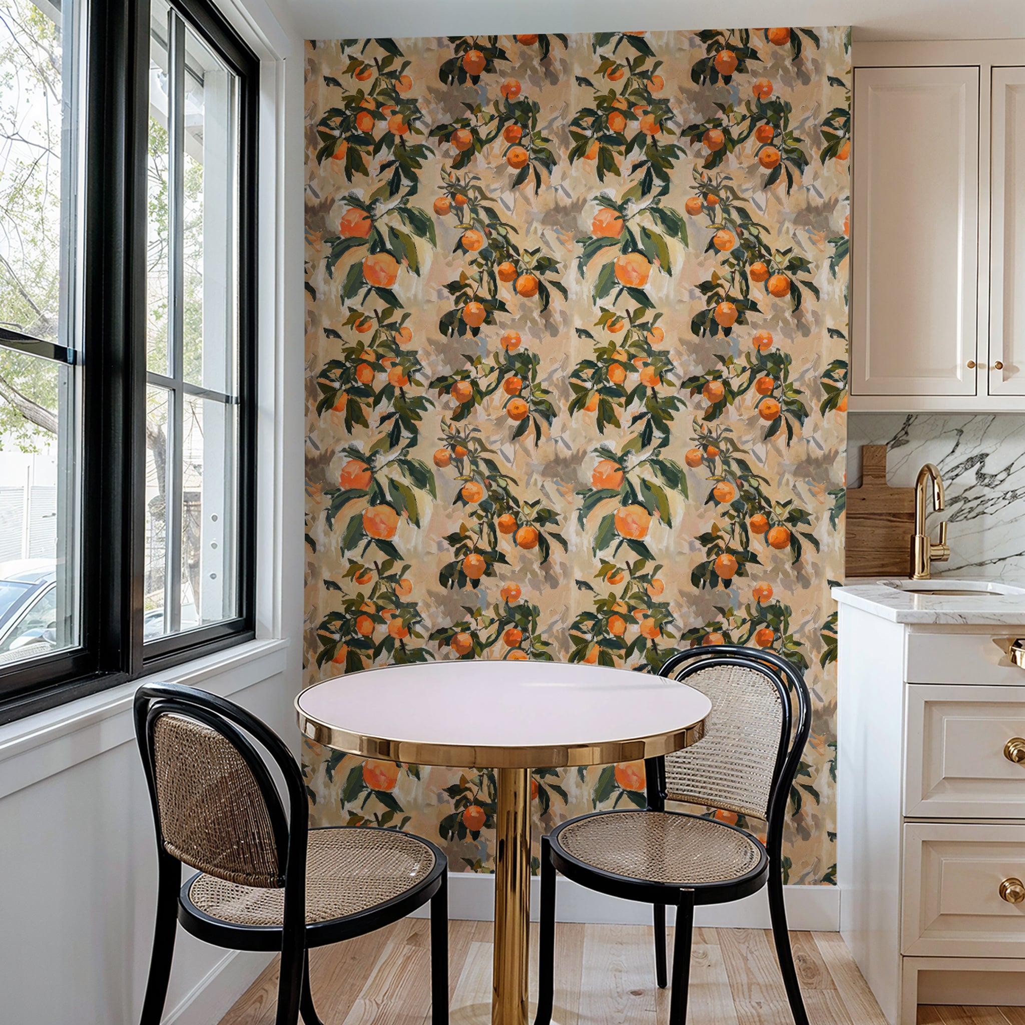"Clementine Wallpaper by Wall Blush featuring in a stylish kitchen, with focus on the vibrant, fruit-themed design."