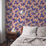 "Vibrant Wall Blush Pedregalejo Wallpaper accentuating the bedroom's decor with stylish and colorful design."
