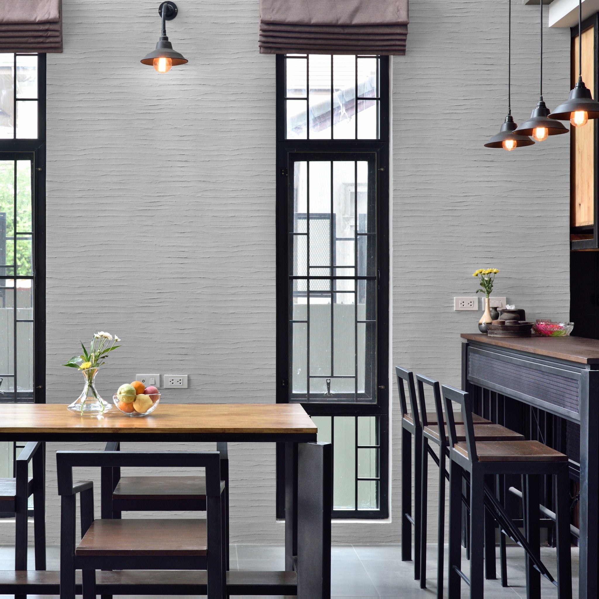 "Modern dining room featuring Plaster Perfect Wallpaper by Wall Blush, with stylish decor and furniture."