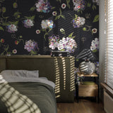 "Wall Blush's Julie Wallpaper showcased in bedroom setting, highlighting the floral design and room ambiance."