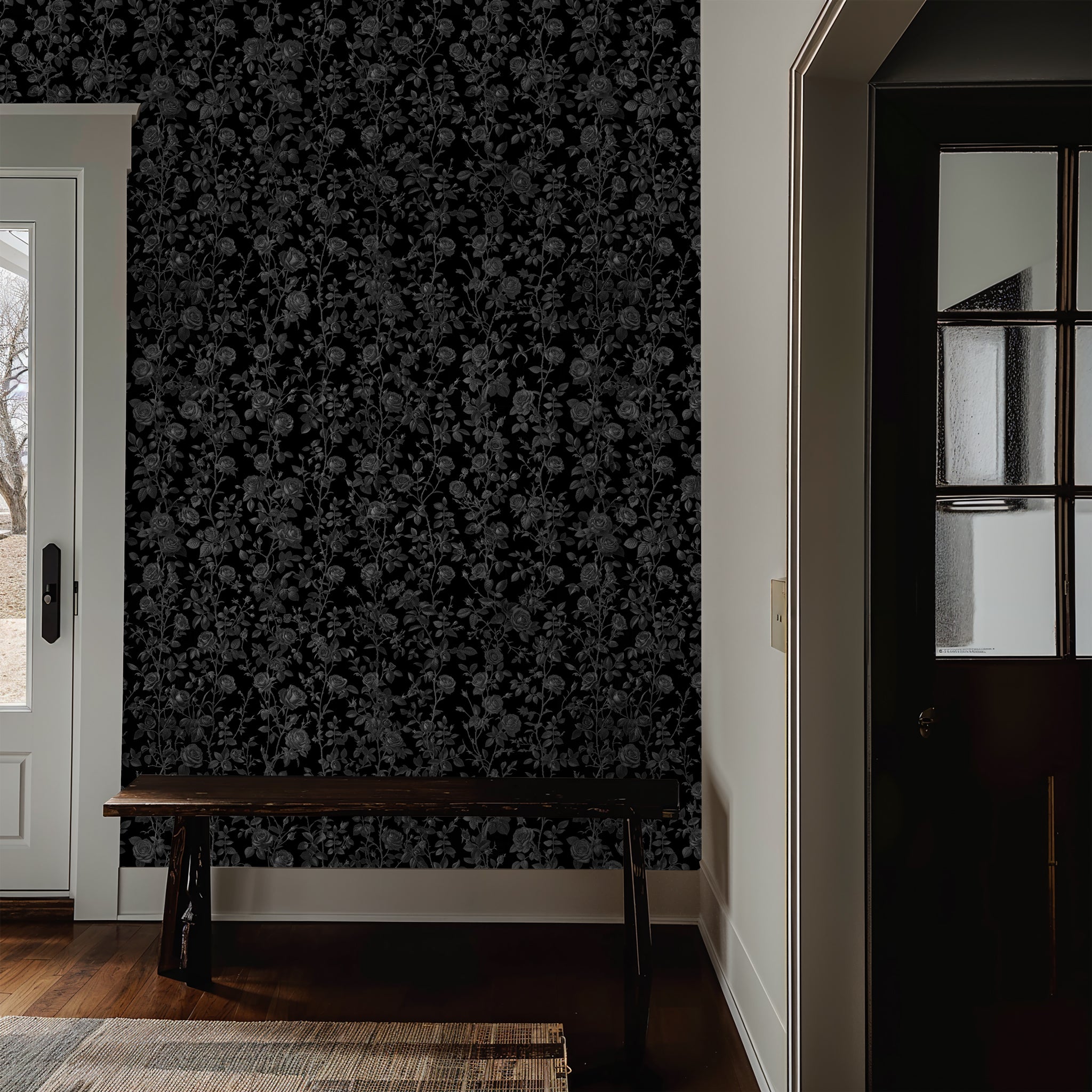 Bellatrix Wallpaper by Wall Blush accentuates entryway with elegant floral pattern.