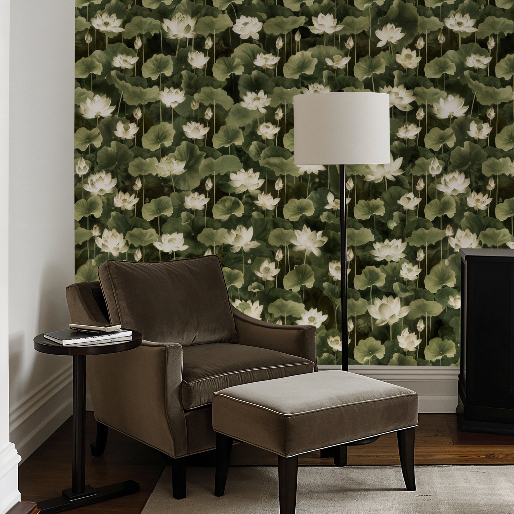 Alt Text: "Monet Wallpaper by Wall Blush featuring elegant floral design in a cozy living room setting, showcasing the wall decor."