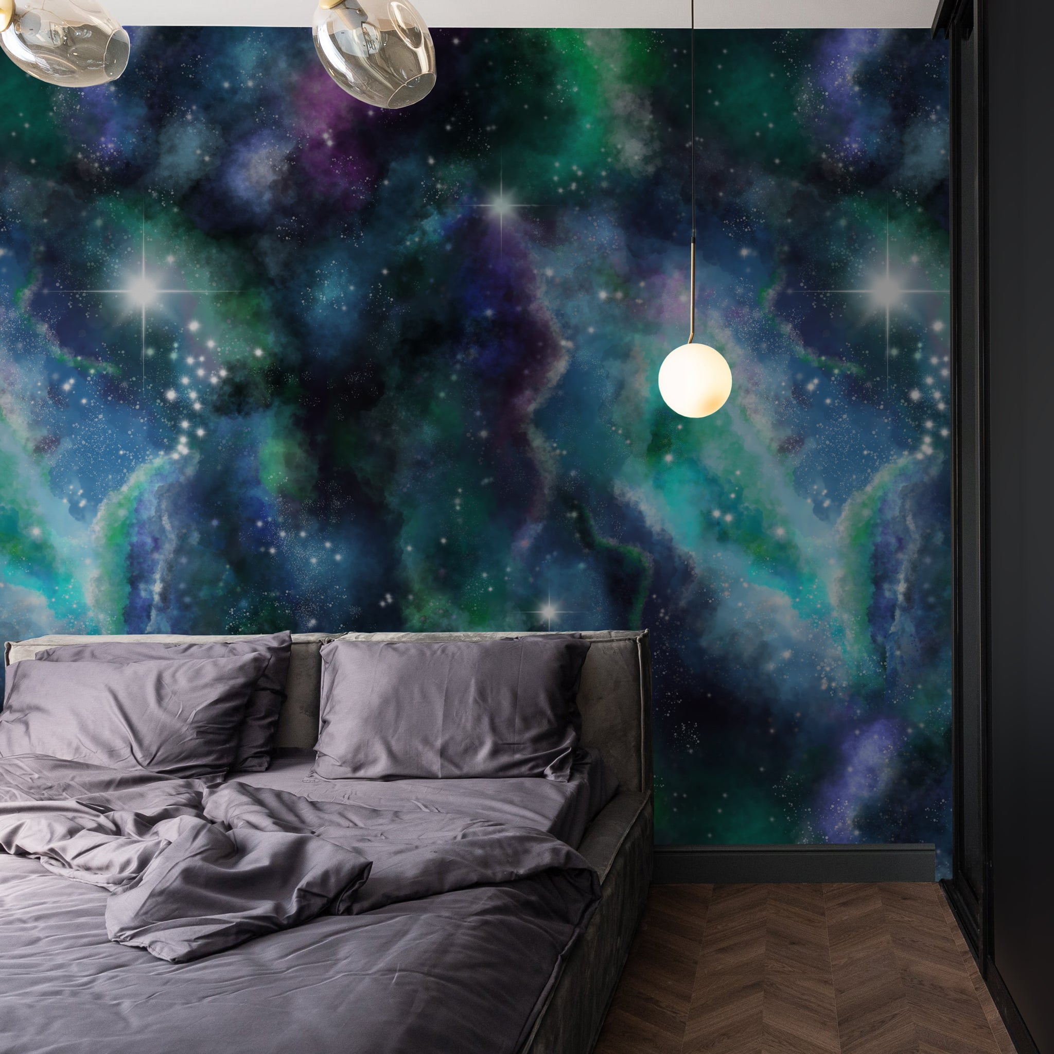 "Wall Blush Infinity Wallpaper enhancing a modern bedroom with cosmic design, adding depth and intrigue."