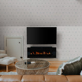 "Modern living room featuring 'Noble Wallpaper' by Wall Blush with elegant tree pattern design and cozy fireplace."