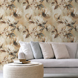 "The Becky Wallpaper by Wall Blush in a stylish living room, featuring elegant floral design as the focal point."