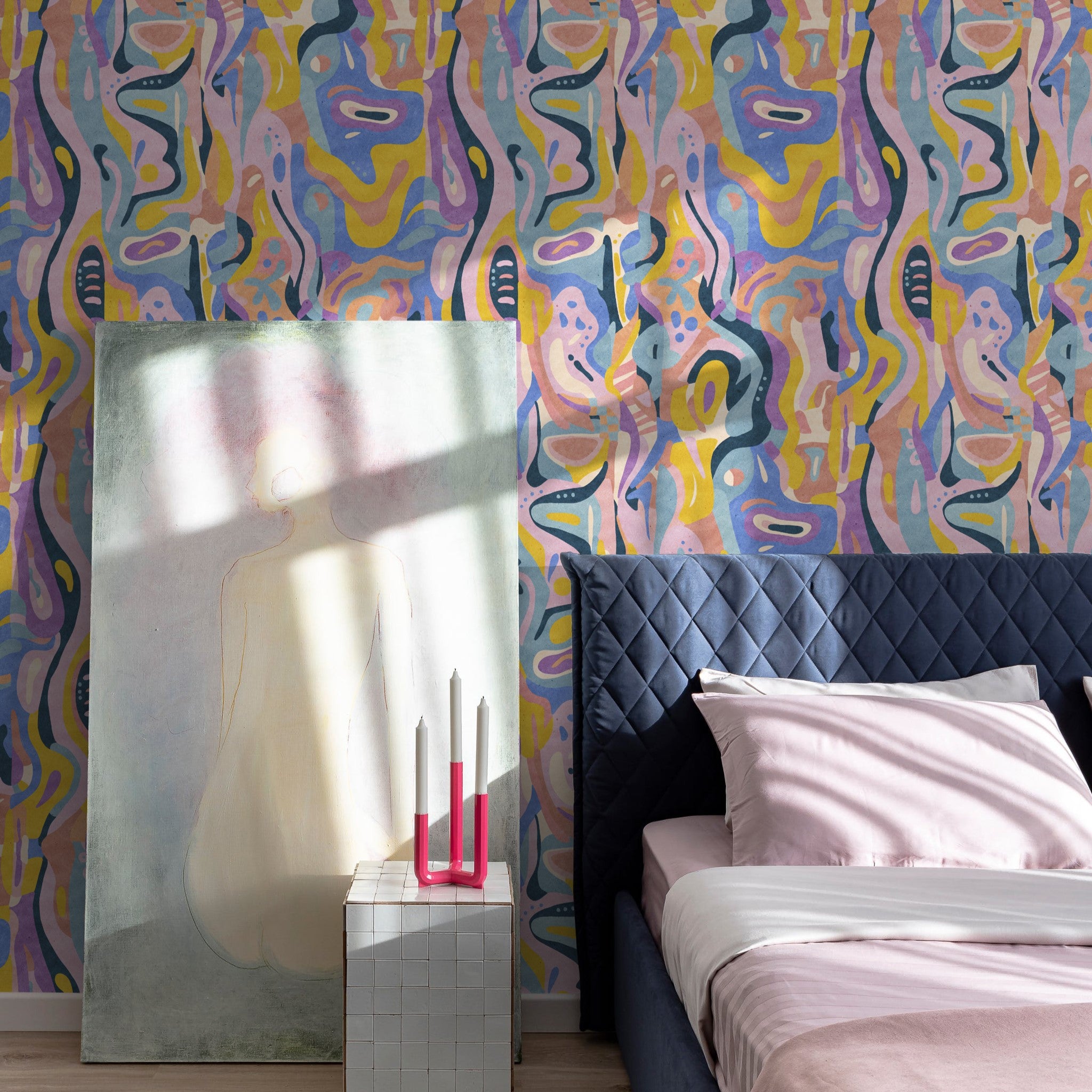 "Funky Town Wallpaper by Wall Blush in stylish bedroom, vibrant abstract patterns dominating the wall space."