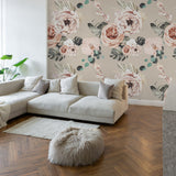 "Wall Blush's Terracotta Blooms Wallpaper featured in stylish living room setting with modern decor."