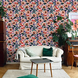 "Rosaleda Wallpaper by Wall Blush featured in cozy living room with stylish sofa and decor."