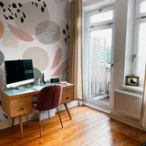 "Wall Blush Selina Wallpaper enhancing a cozy home office with its stylish pattern and design."