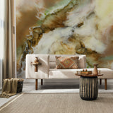 "Tiger's Eye Wallpaper by Wall Blush in a modern living room, showcasing the vibrant wall design."