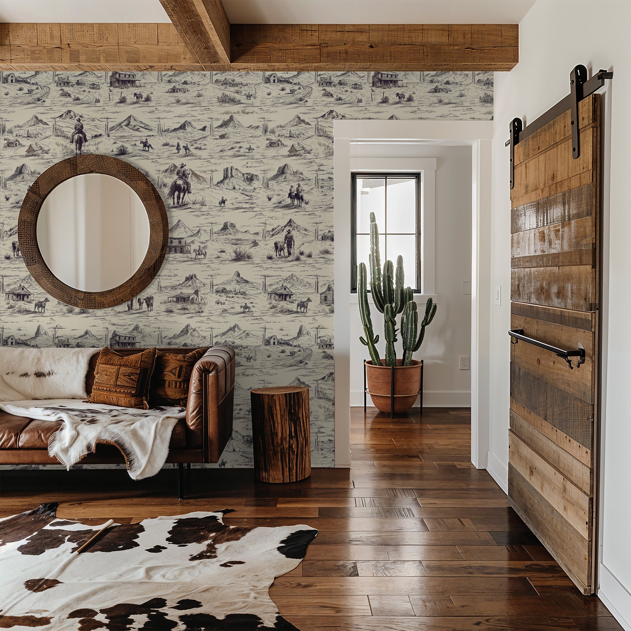 "Rustic living room featuring Out West Wallpaper by Wall Blush, accentuating the homey and wild west theme."