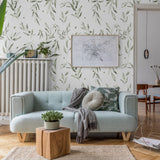"Wall Blush Fiona Wallpaper in a modern living room with elegant foliage design."