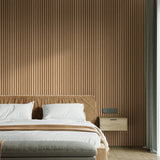 "Wall Blush Timber Wallpaper accent in modern bedroom, showcasing style and texture focus."