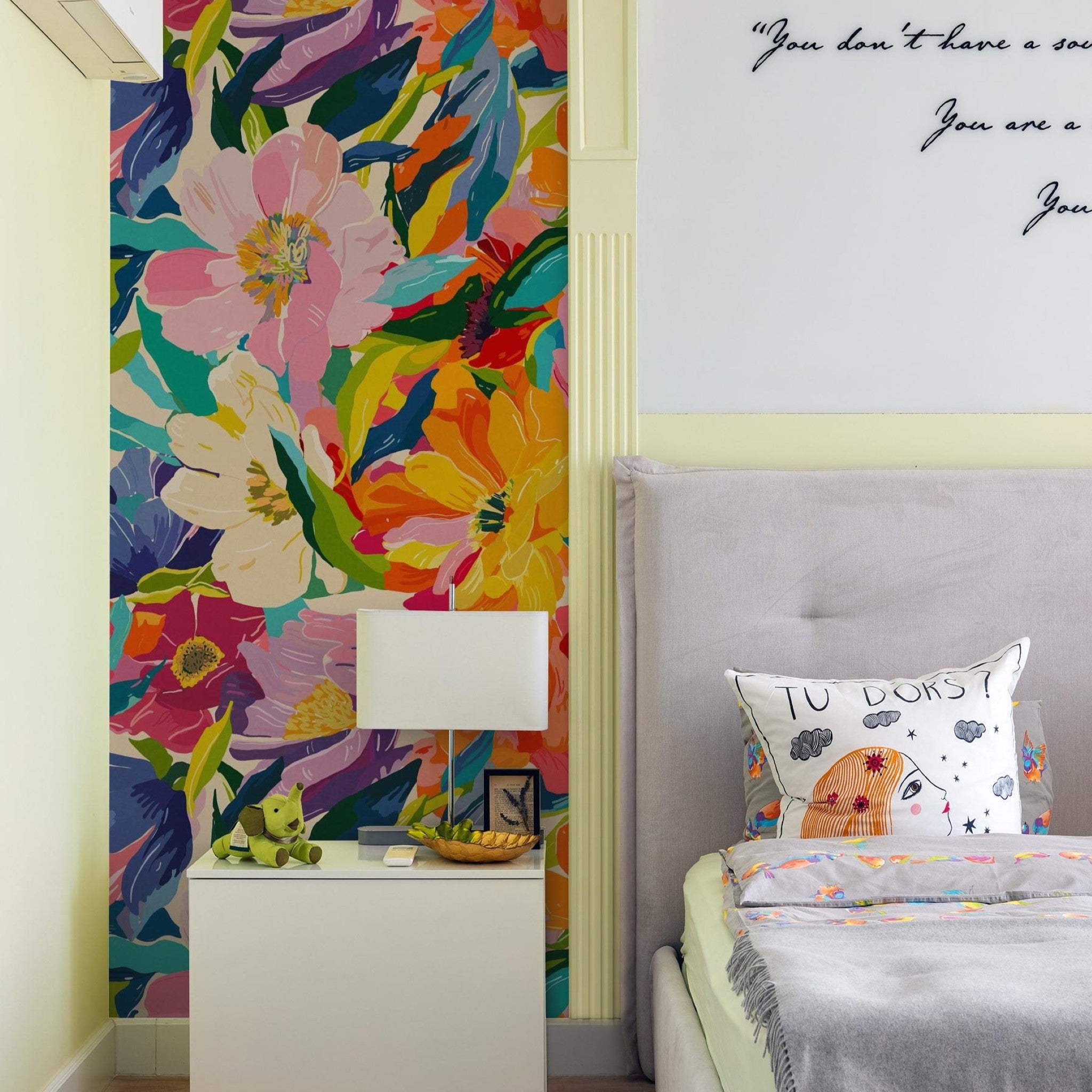 "Vibrant Rebbie Wallpaper by Wall Blush in a Modern Bedroom, Floral Accent Wall Focus"