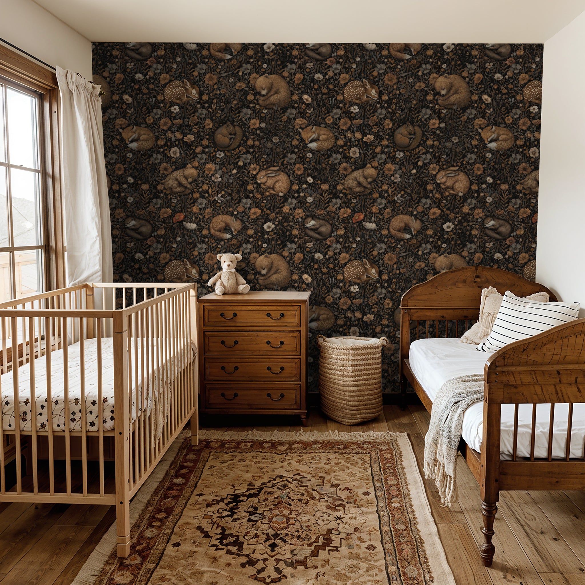 "Woodland Dreams Wallpaper by Wall Blush, featuring forest animals in a cozy nursery room, with a focus on the wall decor."