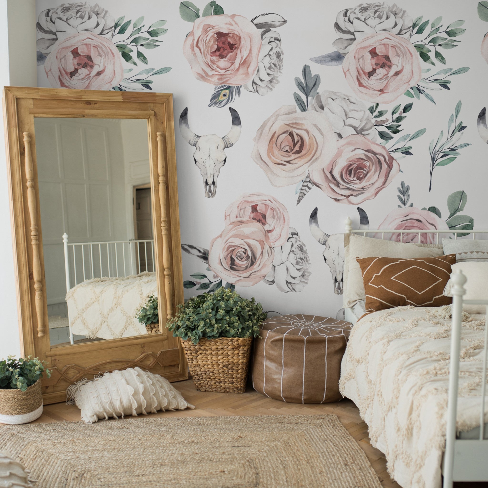 "Nomad Wallpaper by Wall Blush in a stylish bedroom, highlighting floral design and room decor."