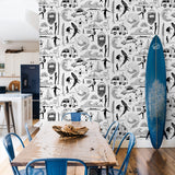 "Wall Blush's Saltwater Surf Wallpaper installed in a coastal-themed dining room, accentuating the interior decor."